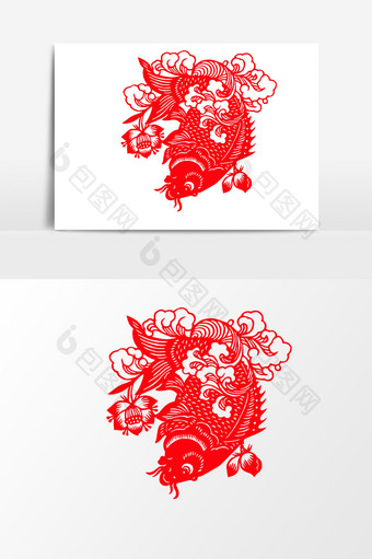 简洁中国传统红色剪纸窗花年年有鱼矢量元素图片