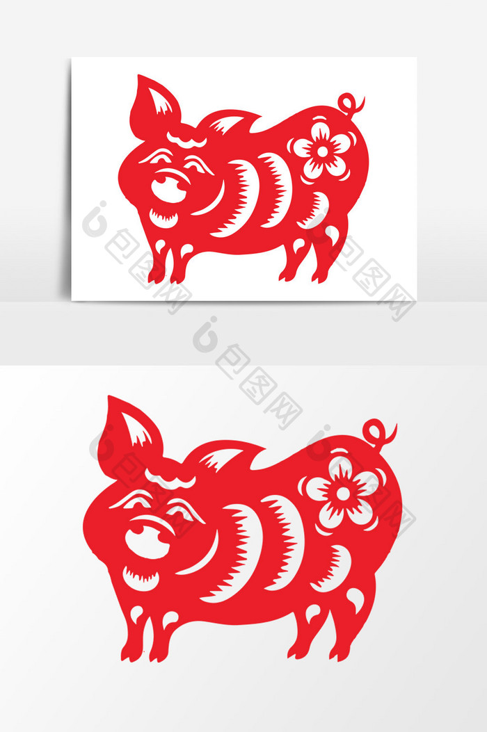 简洁中国传统红色剪纸窗花笑猪矢量元素