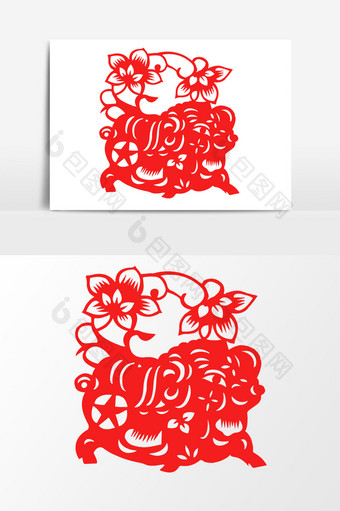 简洁中国传统红色剪纸窗花花和猪矢量元素图片
