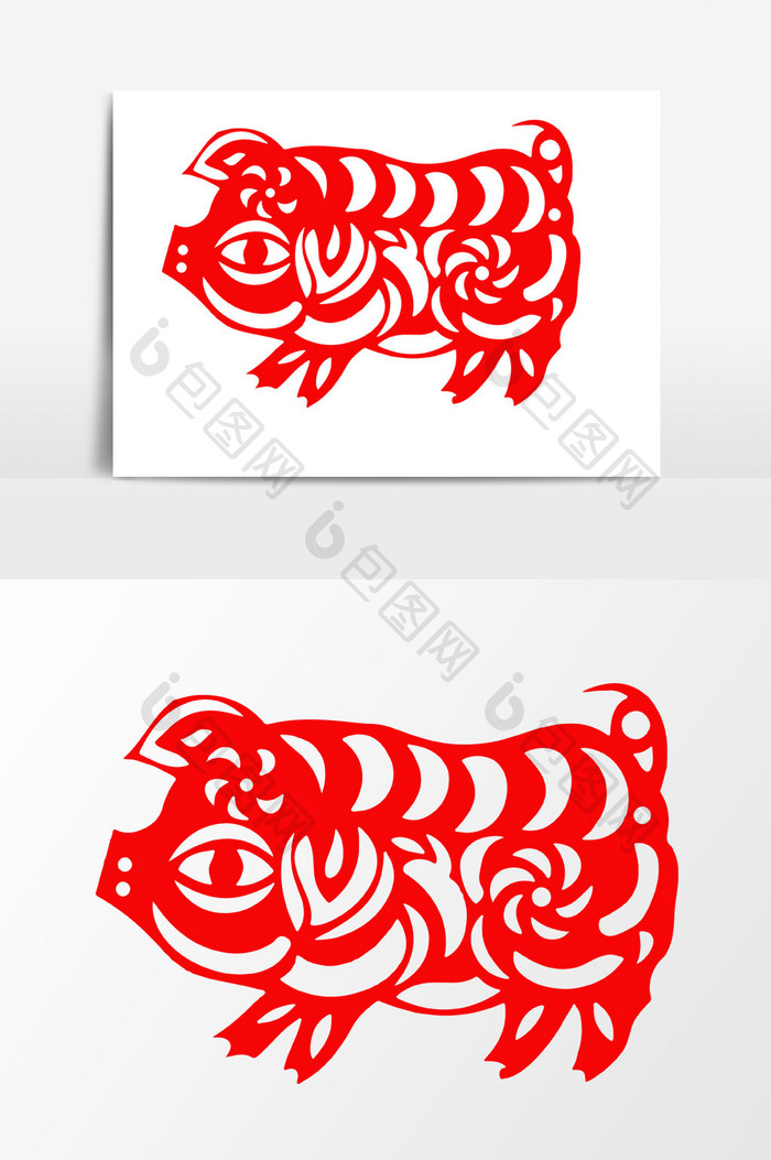 简洁中国传统红色剪纸窗花花猪矢量元素