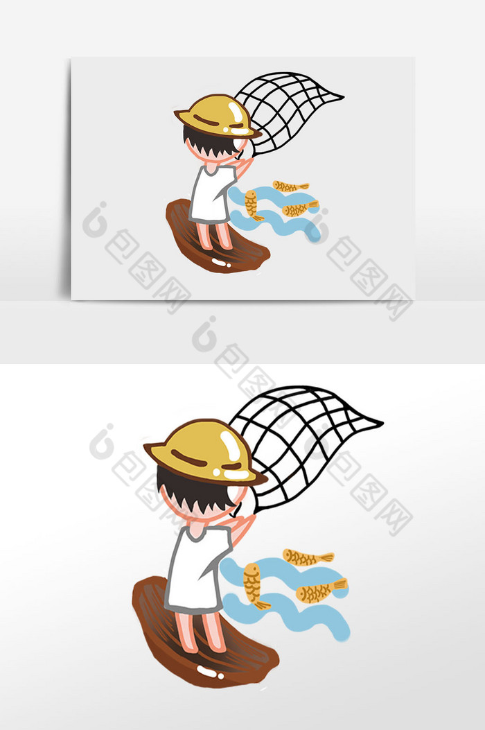 手绘撒网捕鱼插画元素图片