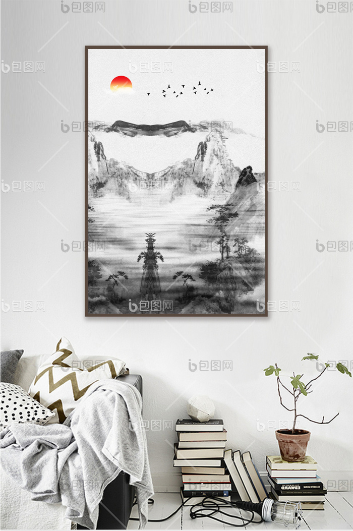 新中式水墨意境山水画装饰画-新中式水墨意境山水画装饰画效果图-【包图网】