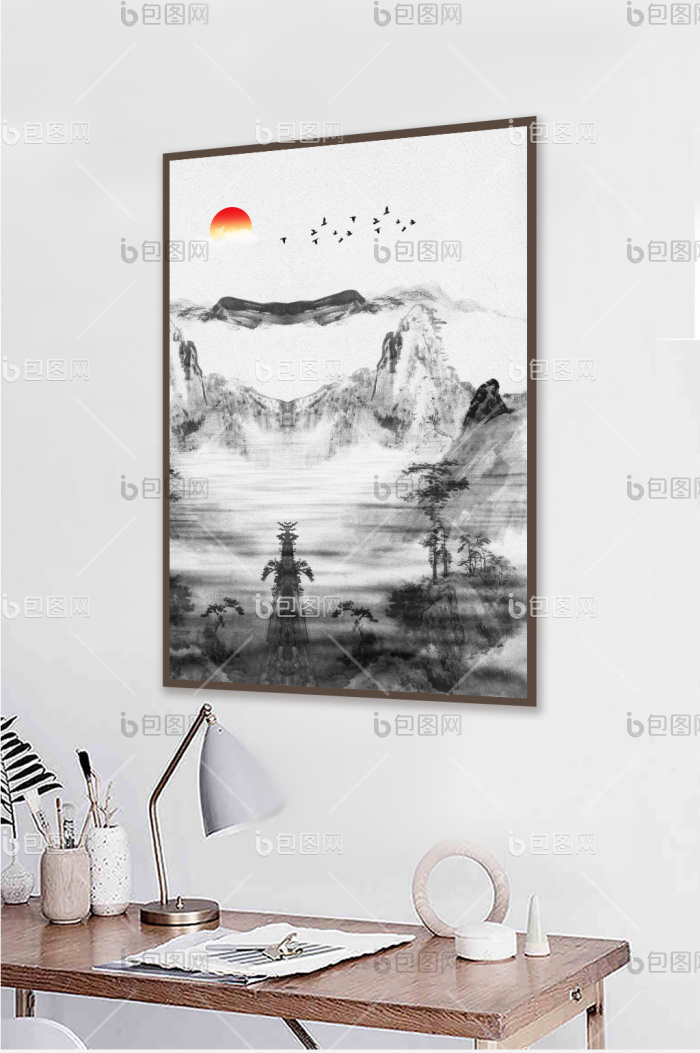 新中式水墨意境山水画装饰画-新中式水墨意境山水画装饰画效果图-【包图网】