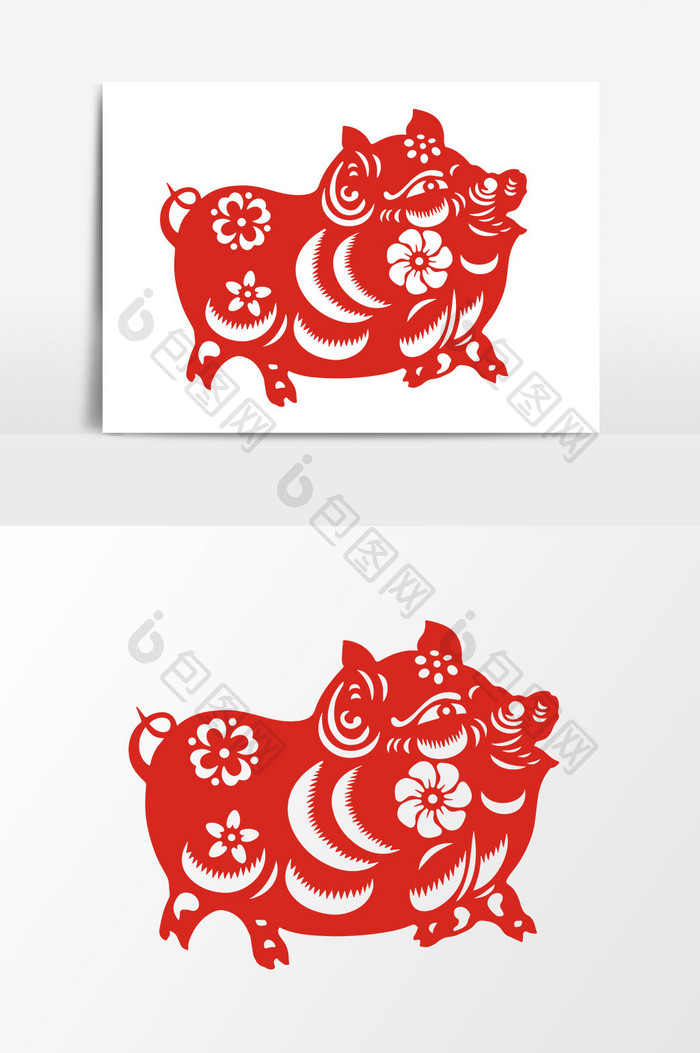 简洁中国传统红色剪纸窗花猪猪矢量元素