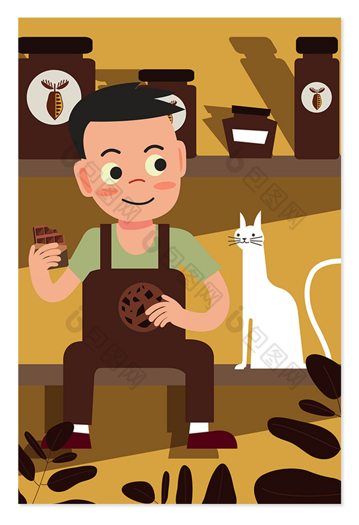 手绘卡通吃巧克力的小男孩海报背景