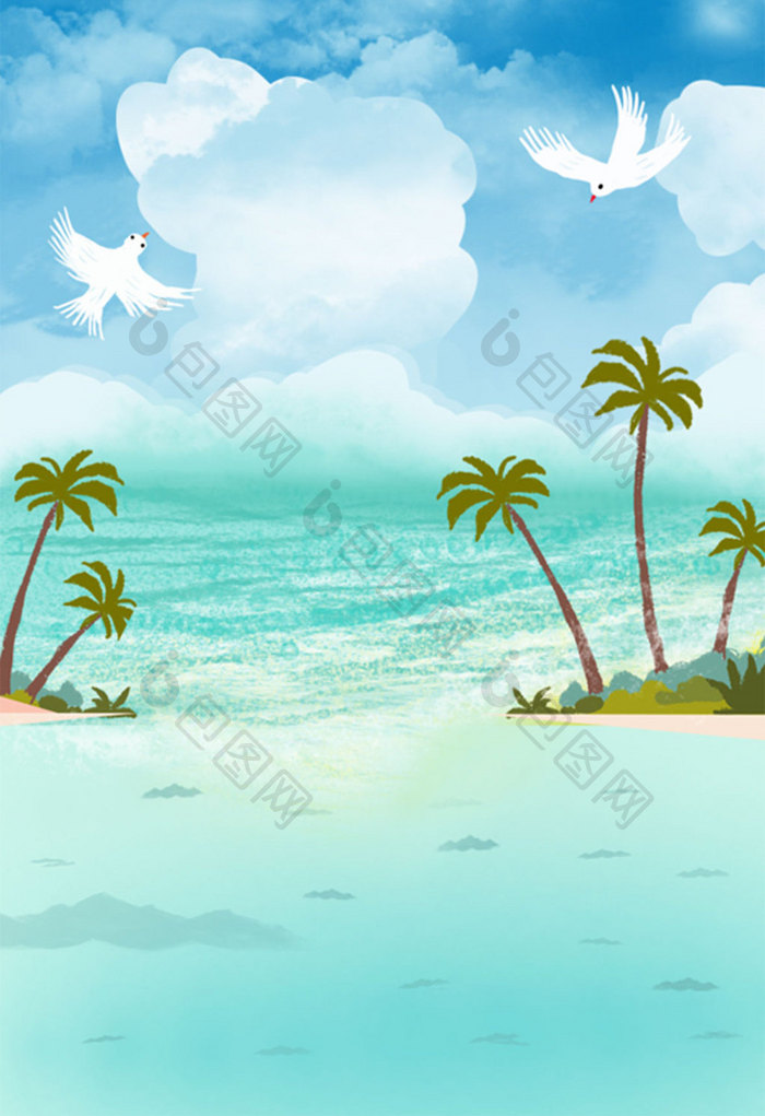 唯美小清新夏日海滩鸽子飞翔图