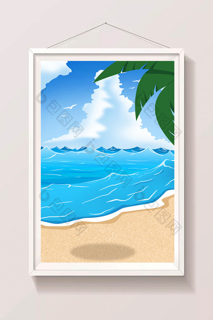 蓝色海洋沙滩插画背景