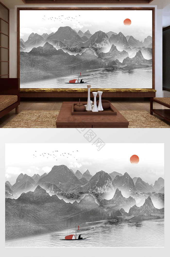中式山水日出背景墙图片