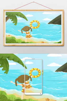 清凉夏日海边拿着游泳群奔跑的小女孩插画
