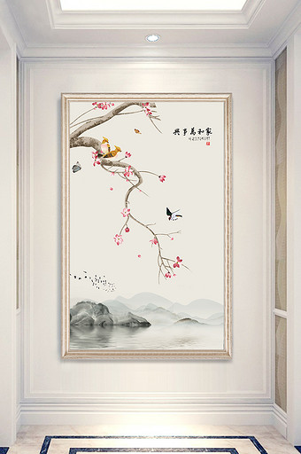 中式山水花鸟喜鹊家和万事兴玄关定制图片