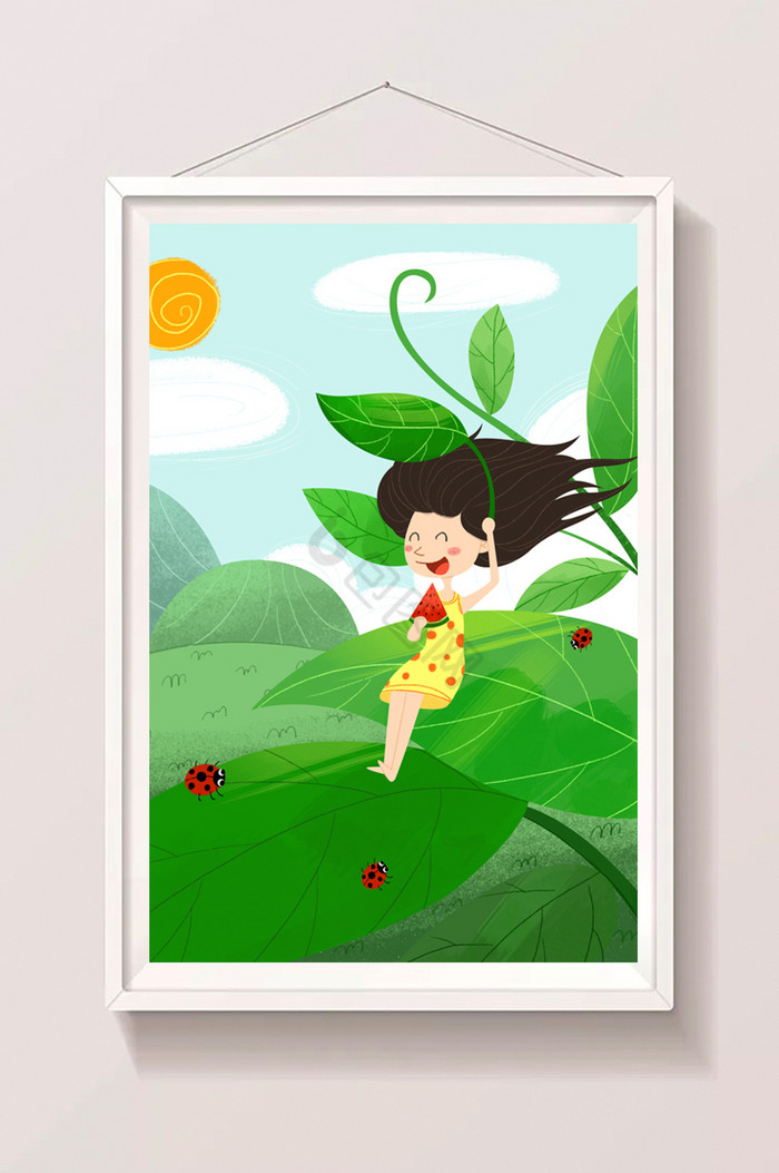 在叶子上乘凉吃西瓜的女孩大暑插画图片
