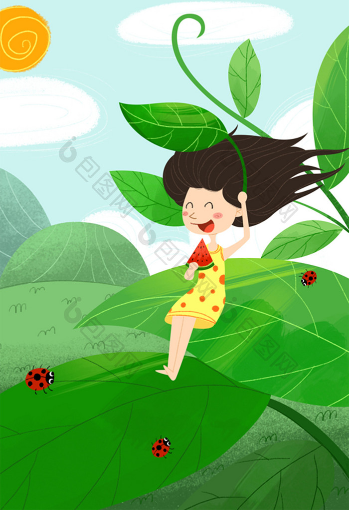 绿色清新在叶子上乘凉吃西瓜的女孩大暑插画