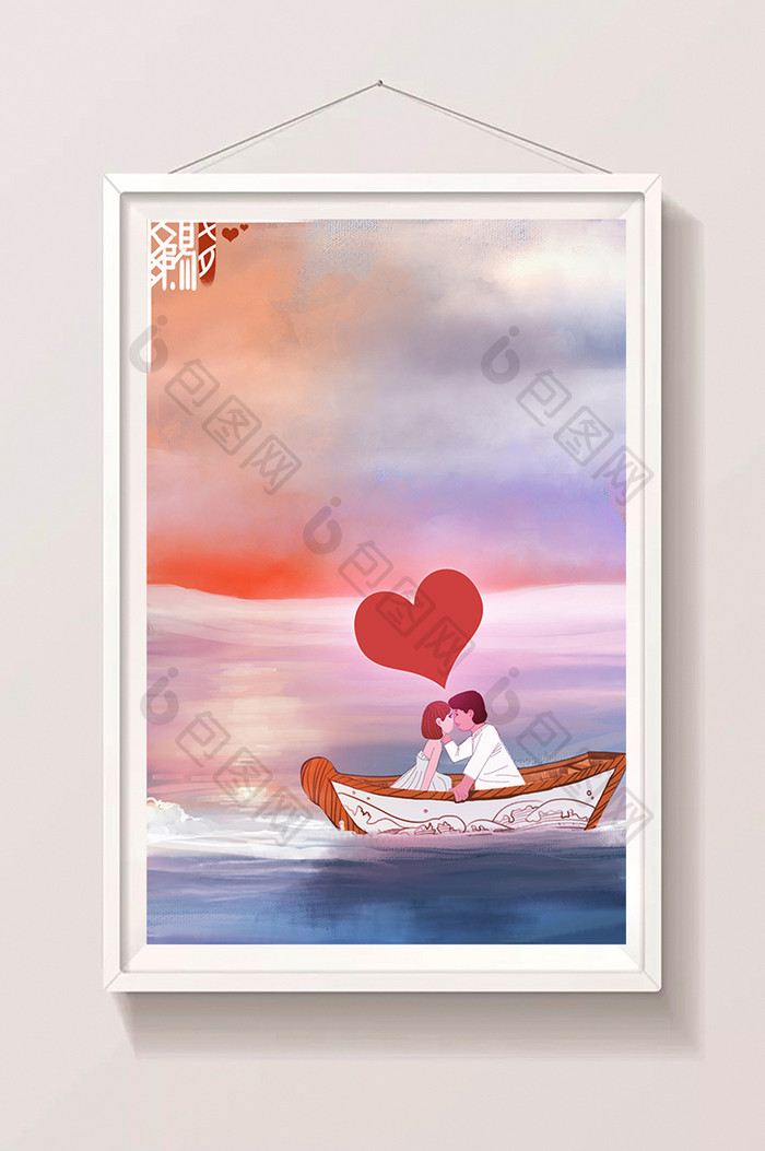 暖色温馨在船上的情侣七夕情人节插画