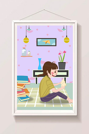 可爱女孩假期室内读书暑假生活插画图片