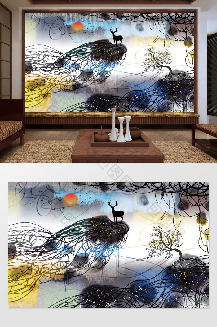 新中式手绘抽象线条山水画背景装饰画