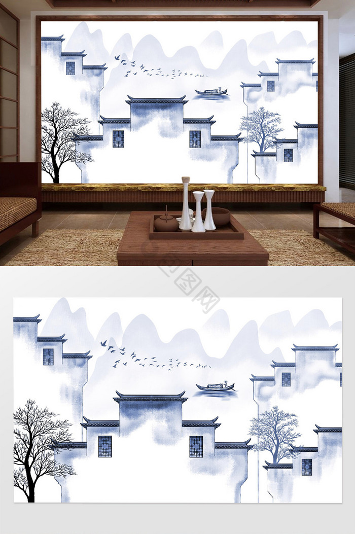 新中式手绘徽派建筑江南山水画背景墙图片
