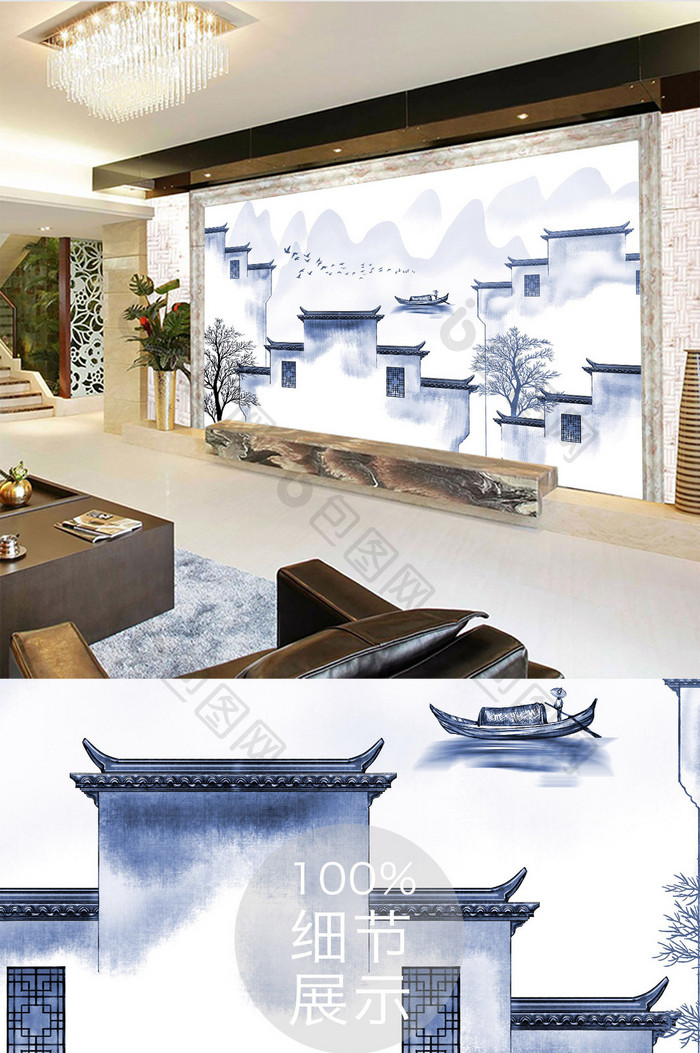 新中式手绘徽派建筑江南山水画背景墙