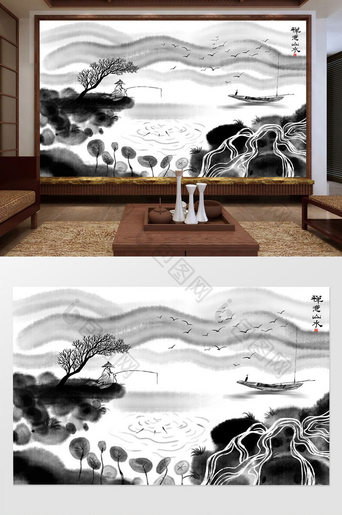 新中式手绘人物禅意山水画背景装饰画