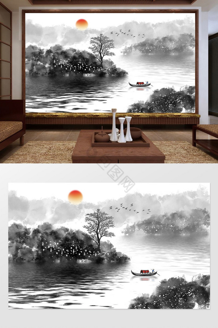 新中式手绘写意山水画背景壁画图片