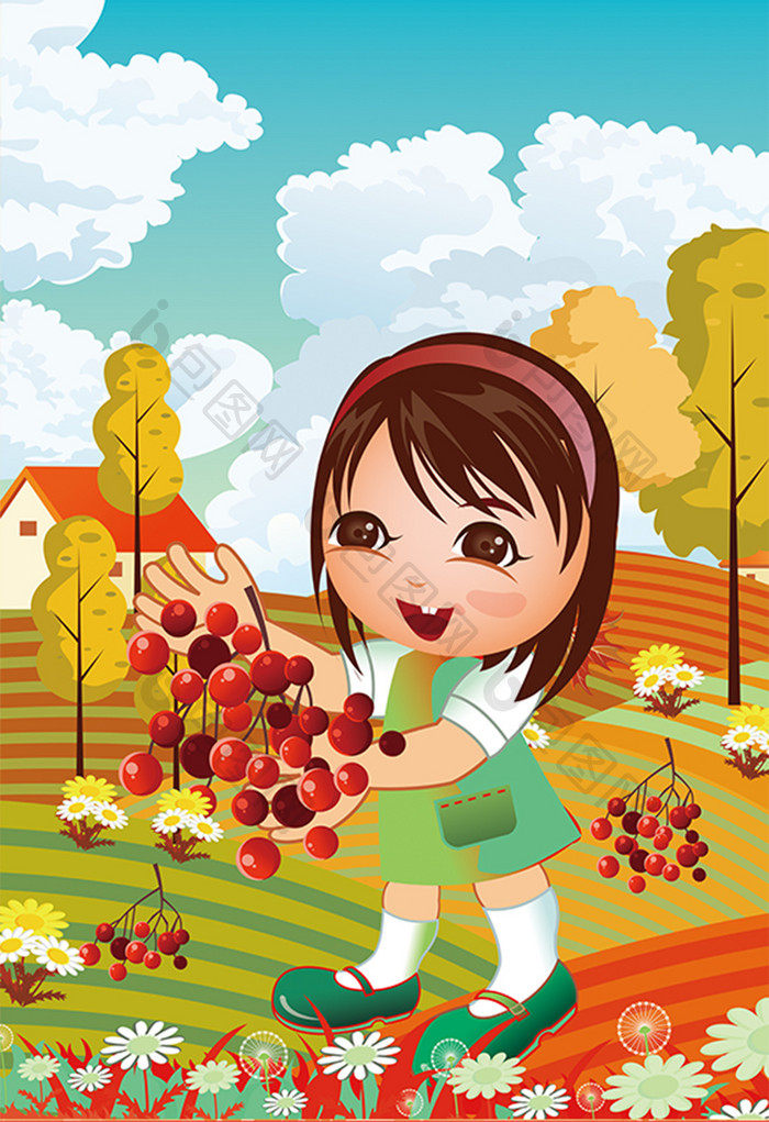唯美清新的田野上少女采摘果子插画
