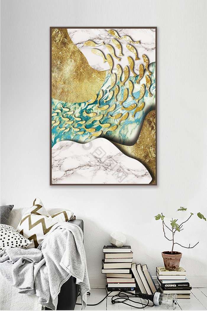 北欧抽象3D立体金色鱼金箔抽象艺术装饰画图片