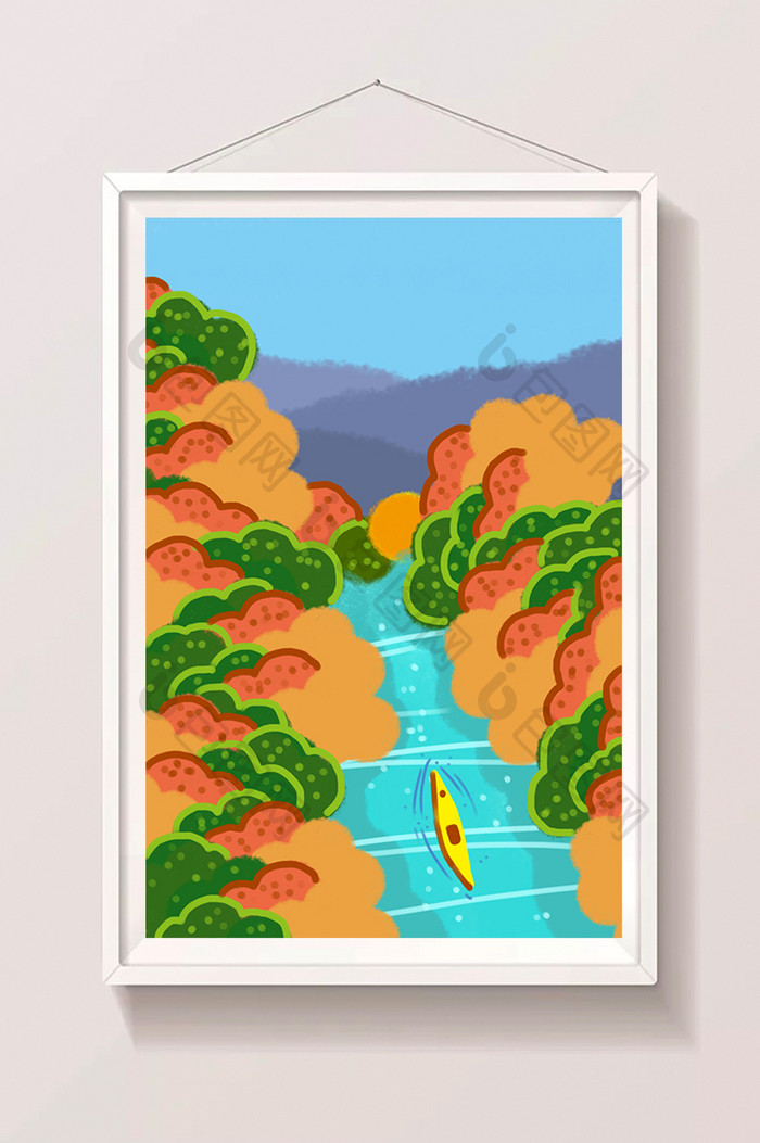 暖色秋天山川河流小船手绘插画背景素材