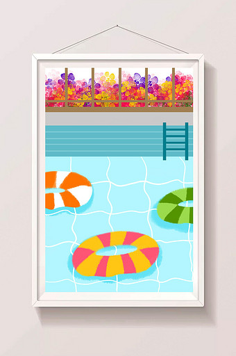 清新夏日游泳池手绘插画背景元素图片