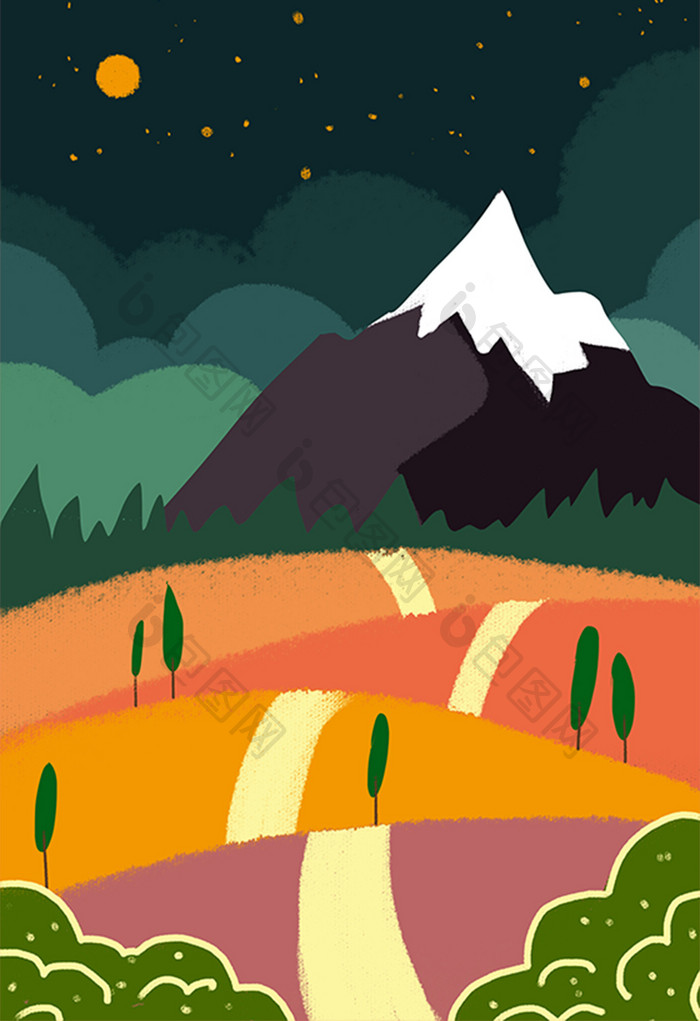 暖色秋日夜晚草原山川手绘插画卡通扁平背景