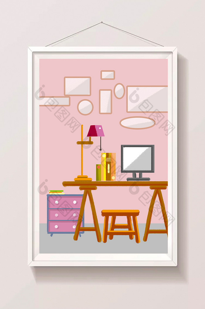 粉色书房室内扁平卡通插画手绘背景素材