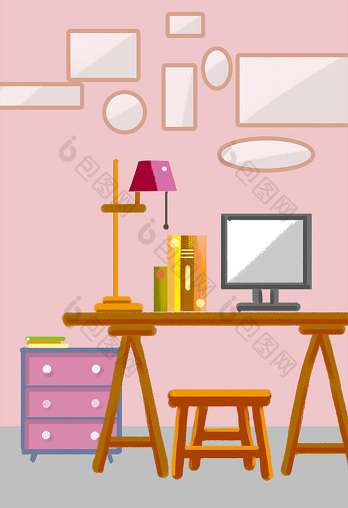 粉色书房室内扁平卡通插画手绘背景素材