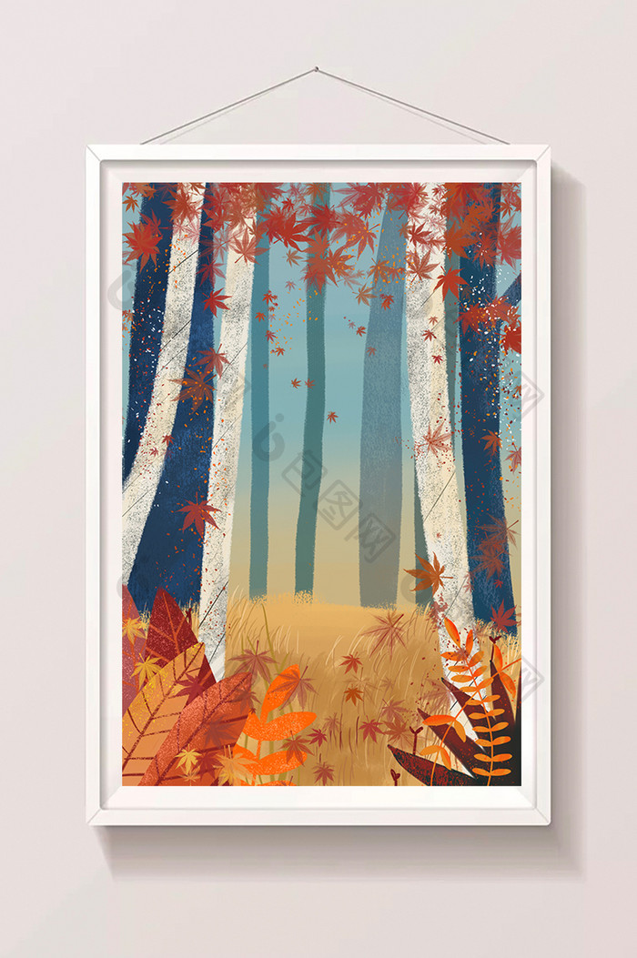 秋天卡通手绘落叶树林