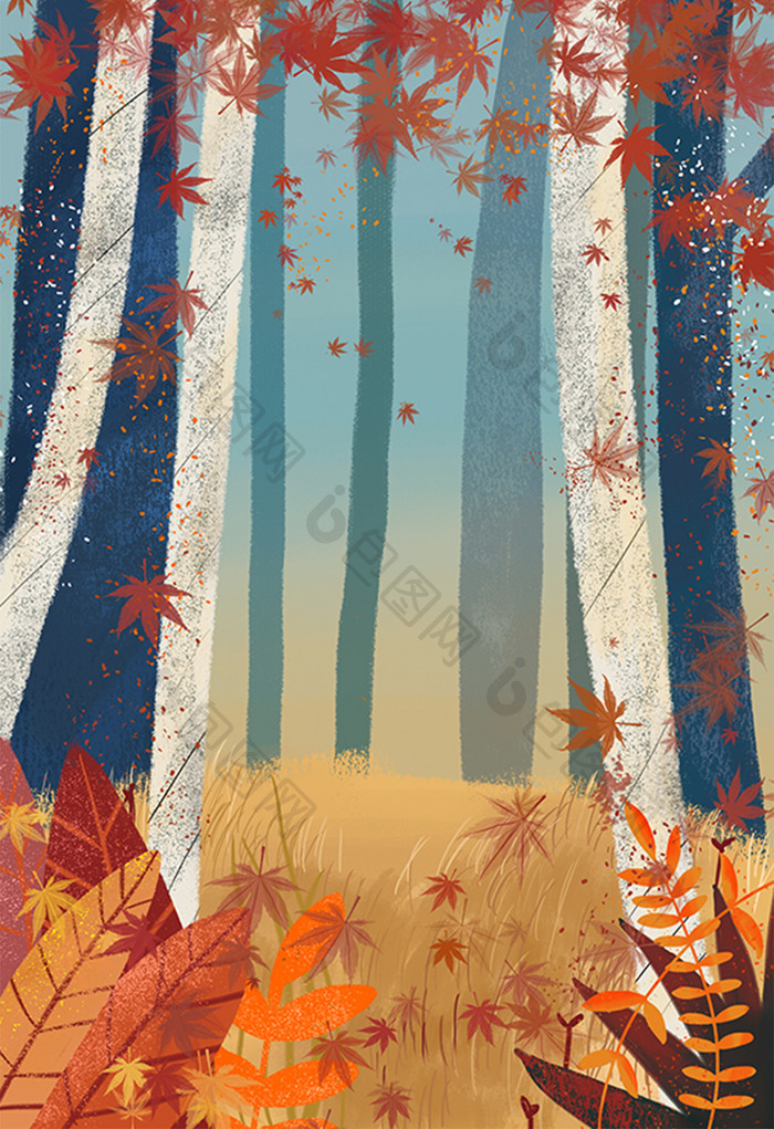 秋天卡通手绘落叶树林