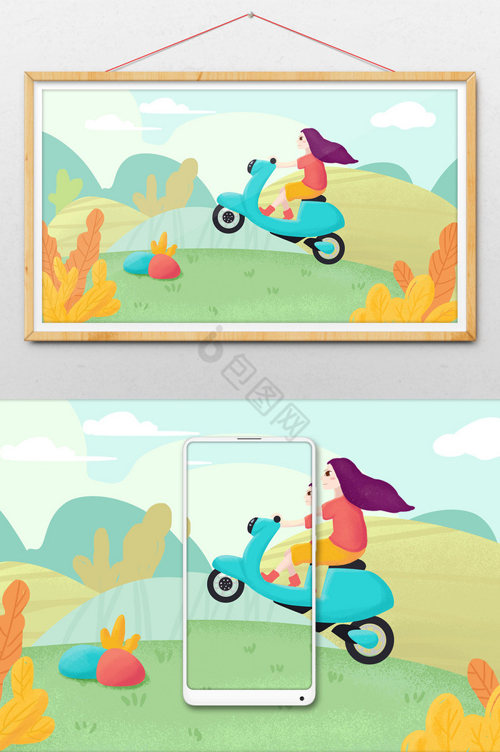 夏日户外骑小摩托旅行插画图片