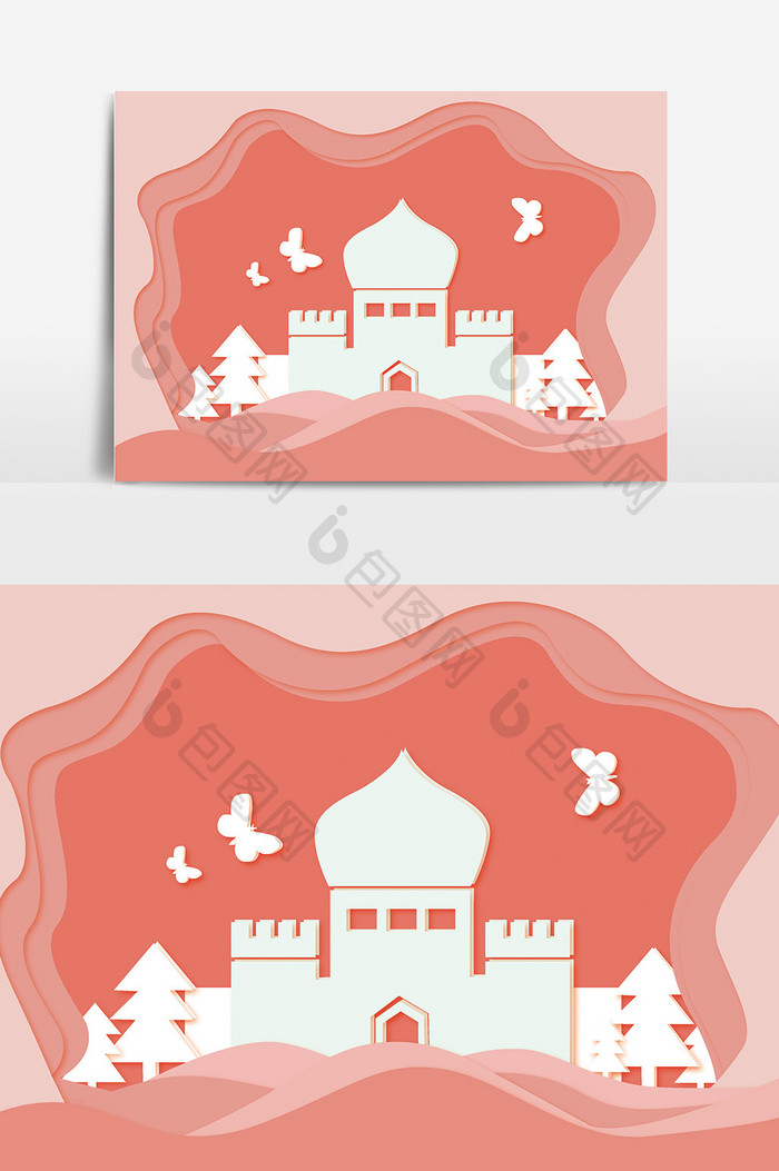 剪纸风格城堡插画设计
