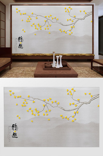 银杏手绘工笔花鸟新中式背景墙装饰画图片