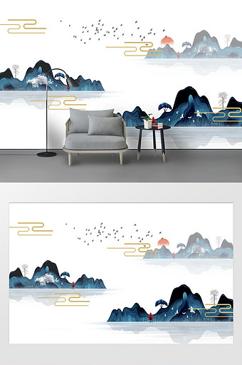新中式意境手绘山水画时尚简约背景墙图片