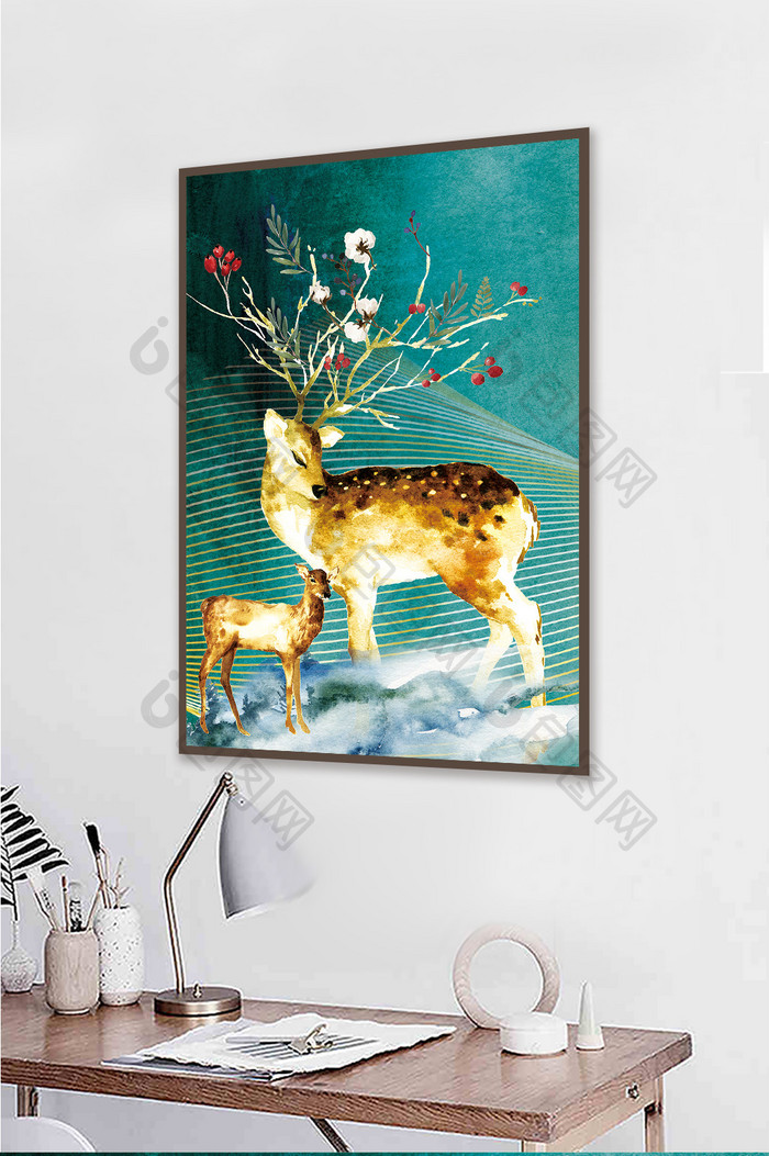 北欧金色线条金色鹿母鹿小鹿绿色背景装饰画