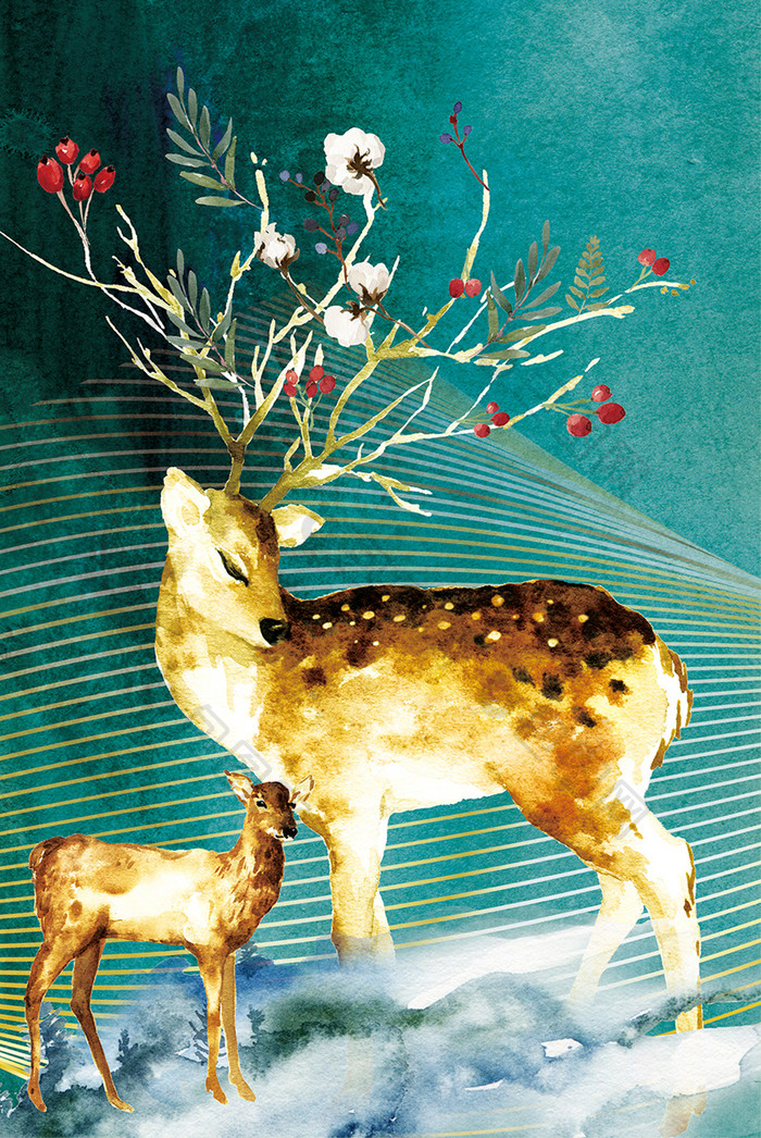北欧金色线条金色鹿母鹿小鹿绿色背景装饰画