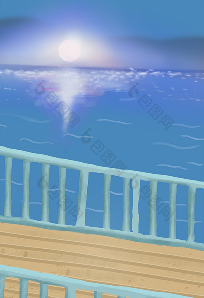 卡通手绘夜晚大海护栏海边