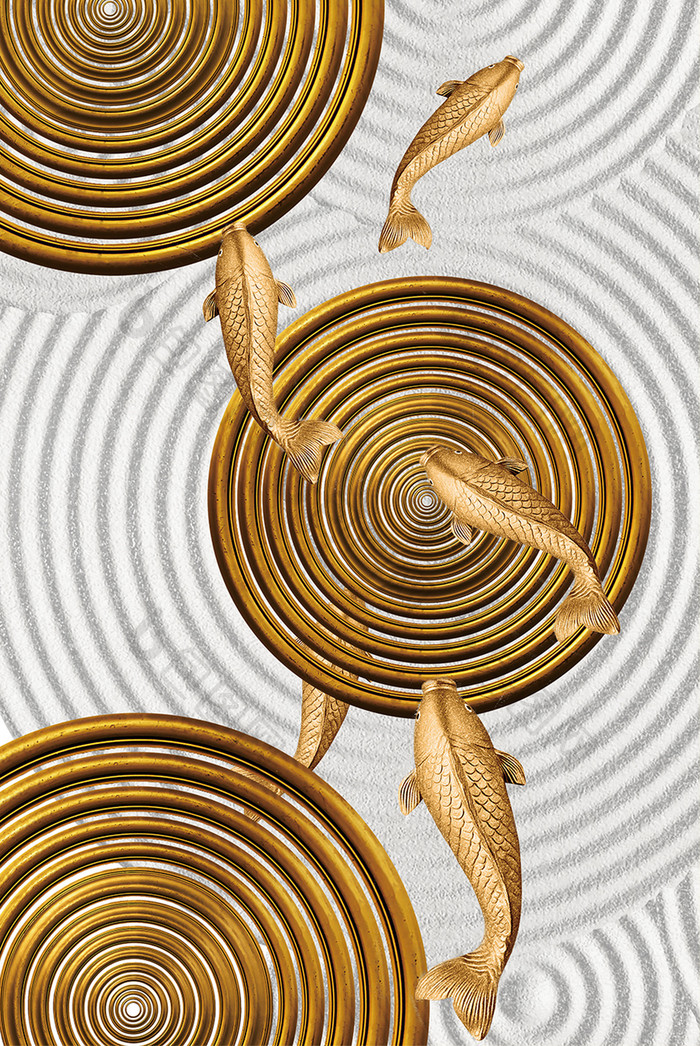 金色抽象鱼漩涡金色漩涡金色年轮装饰画