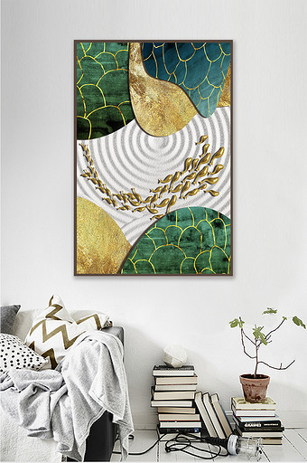 3D金色抽象3D抽象金箔鱼群植物抽象装饰图片