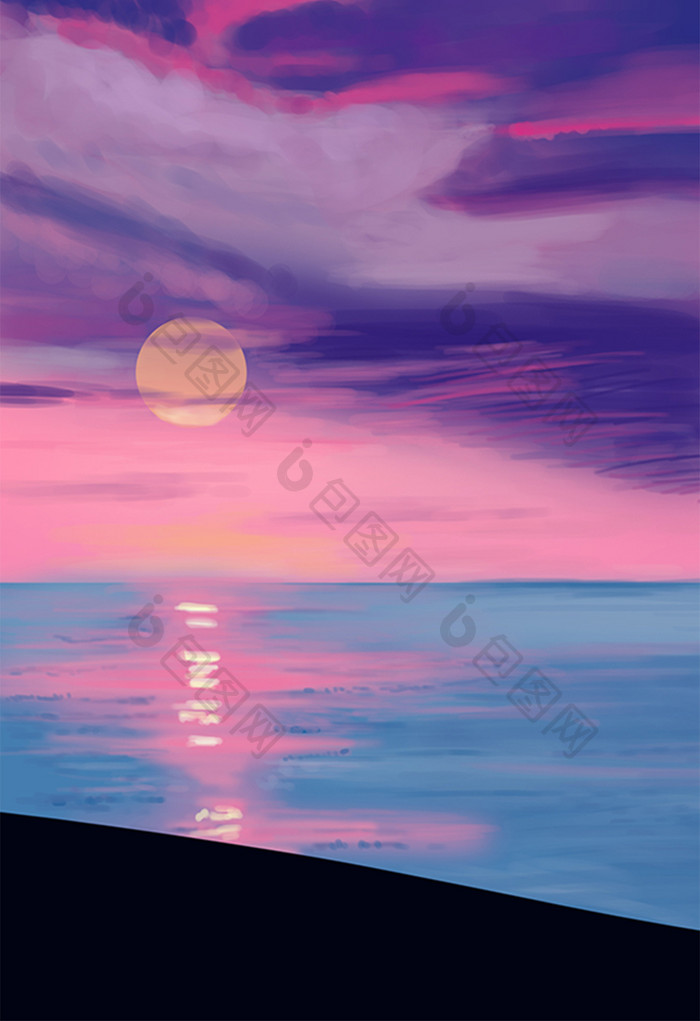 唯美湖边夕阳下的落日手绘插画背景