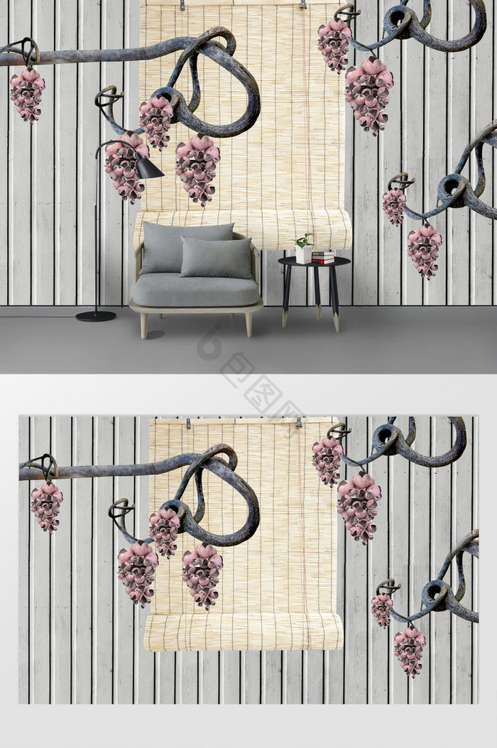 现代风粉色花卉树干定制背景墙图片