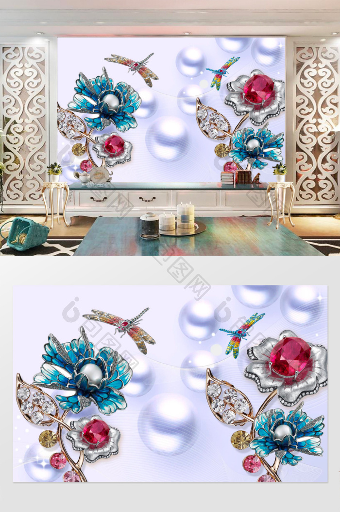 3d立体珠宝花朵宝石背景墙效果图-【包图网】