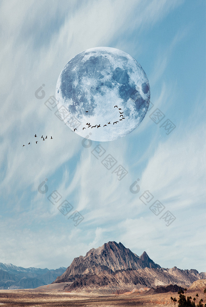 高端北欧风景月亮飞鸟山抽象天空装饰画