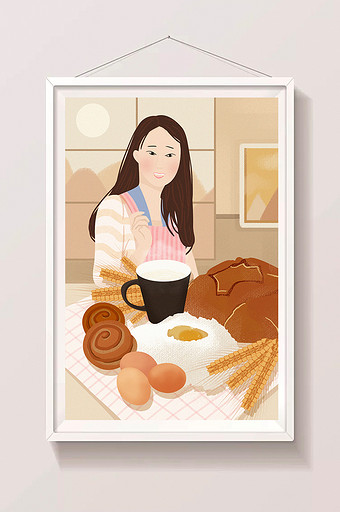 唯美清新早餐早茶欧式面包餐厅美食插画图片