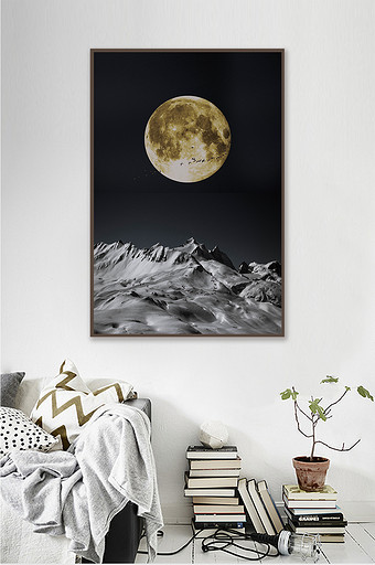 金色星球金色月亮黑色背景山北欧风格装饰画图片