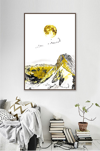 北欧风格金色群山金色月亮飞鸟大气简洁装饰图片