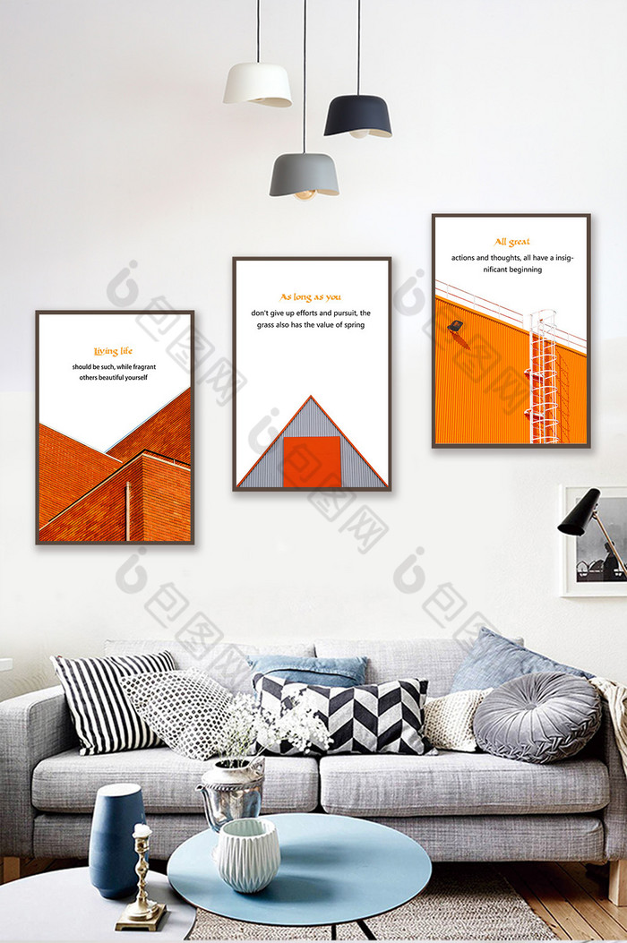 现代简约橙色系建筑工装三联装饰画图片图片