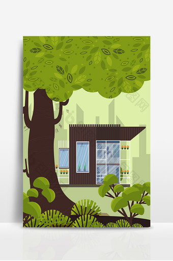 绿色清新树木房屋海报背景图片